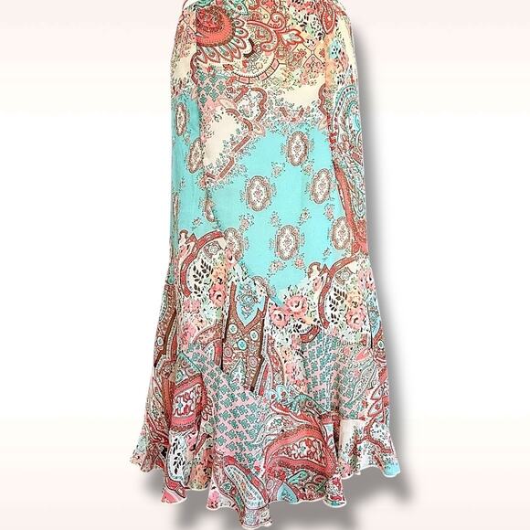 Y2K Teal Green Paisley Boho Skirt Asym Hem Rayon Elastic Waist Size M - Picture 4 of 8